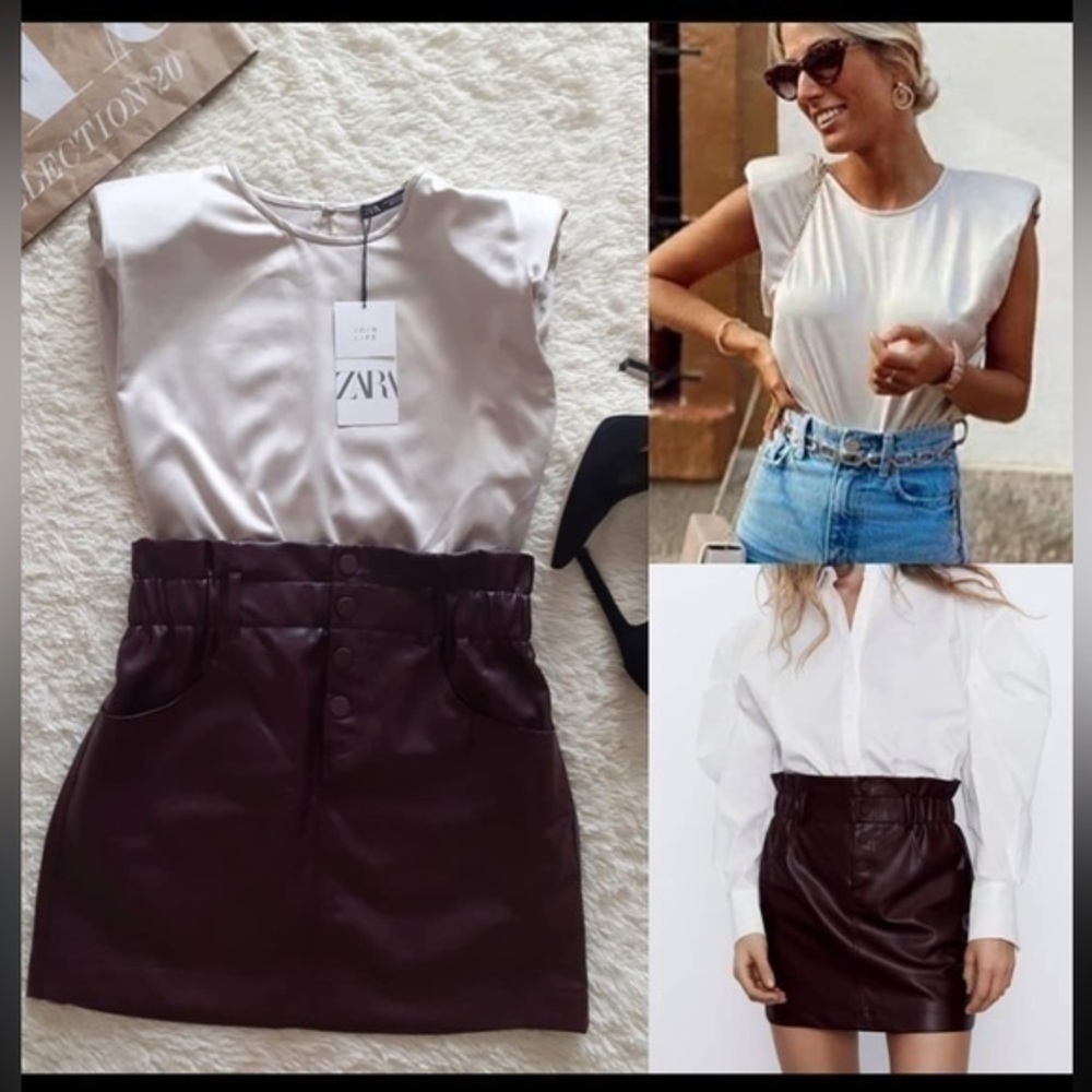 ZARA Faux Leather Paper Bag Hi-Waist Mini Skirt with pockets 5427/150 - Picture 5 of 11